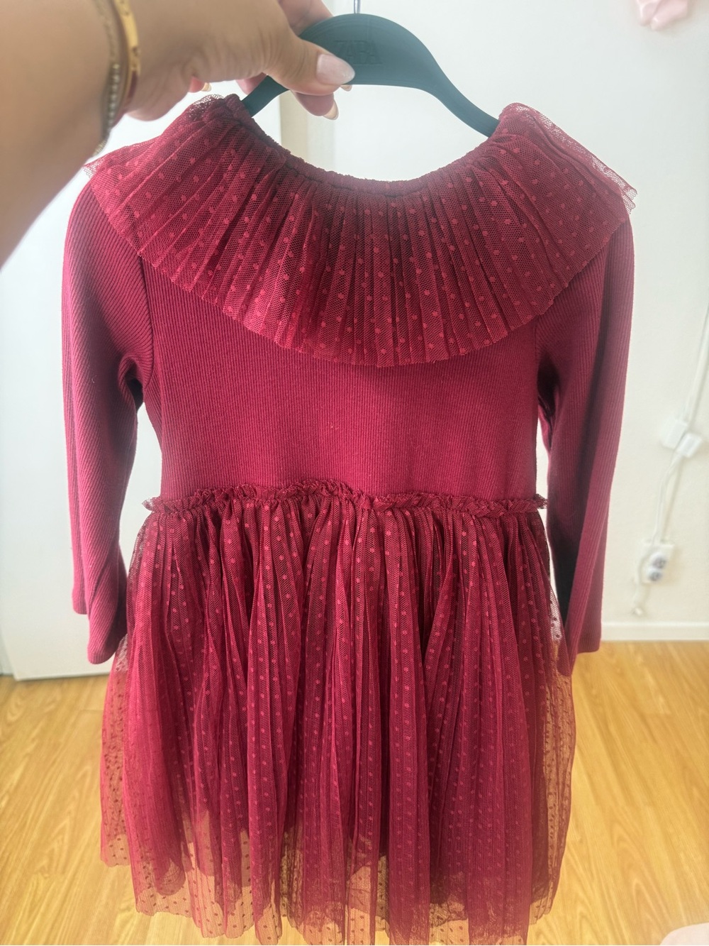 next Burgundy Girls Tulle Dress with Ruffle Collar